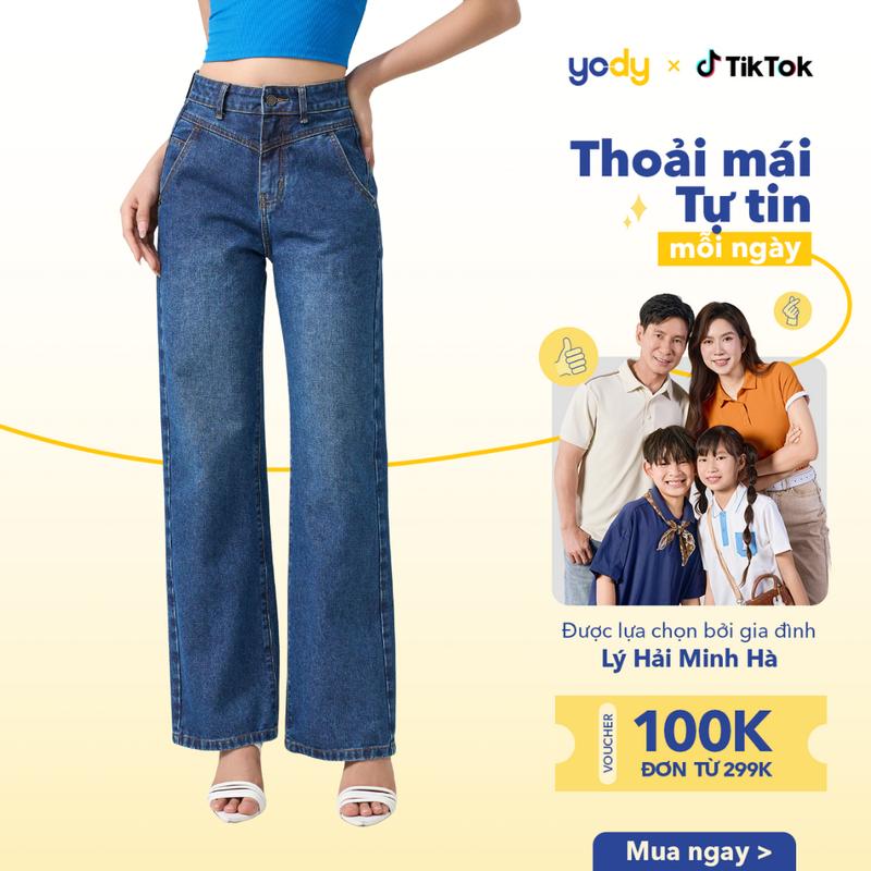 YODY Quần Jean Nữ Ống Suông Bổ Chéo Ống Rộng QJN7063