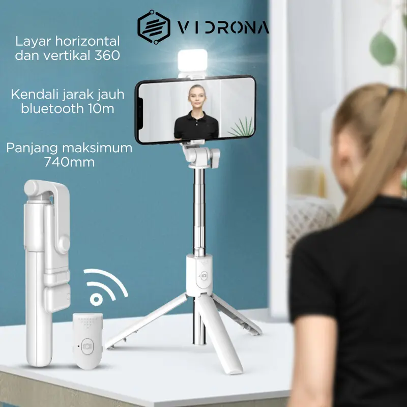 VIDRONA Tongsis Tripod Bluetooth Lampu LED Remote Control Alat Selfie Foto dan Video Stick Portable Flexible 360º Aluminium Holder Panjang Ponsel Wireless Plastik 3