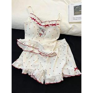 ชุดนอนสตรีพิมพ์ลาย Hello Kitty สาวหวานน่ารักและเซ็กซี่ ชุดอยู่บ้านชุดใหม่ฤดูร้อนชุดกางเกงขาสั้นแขนกุดใส่ได้นอกบ้าน