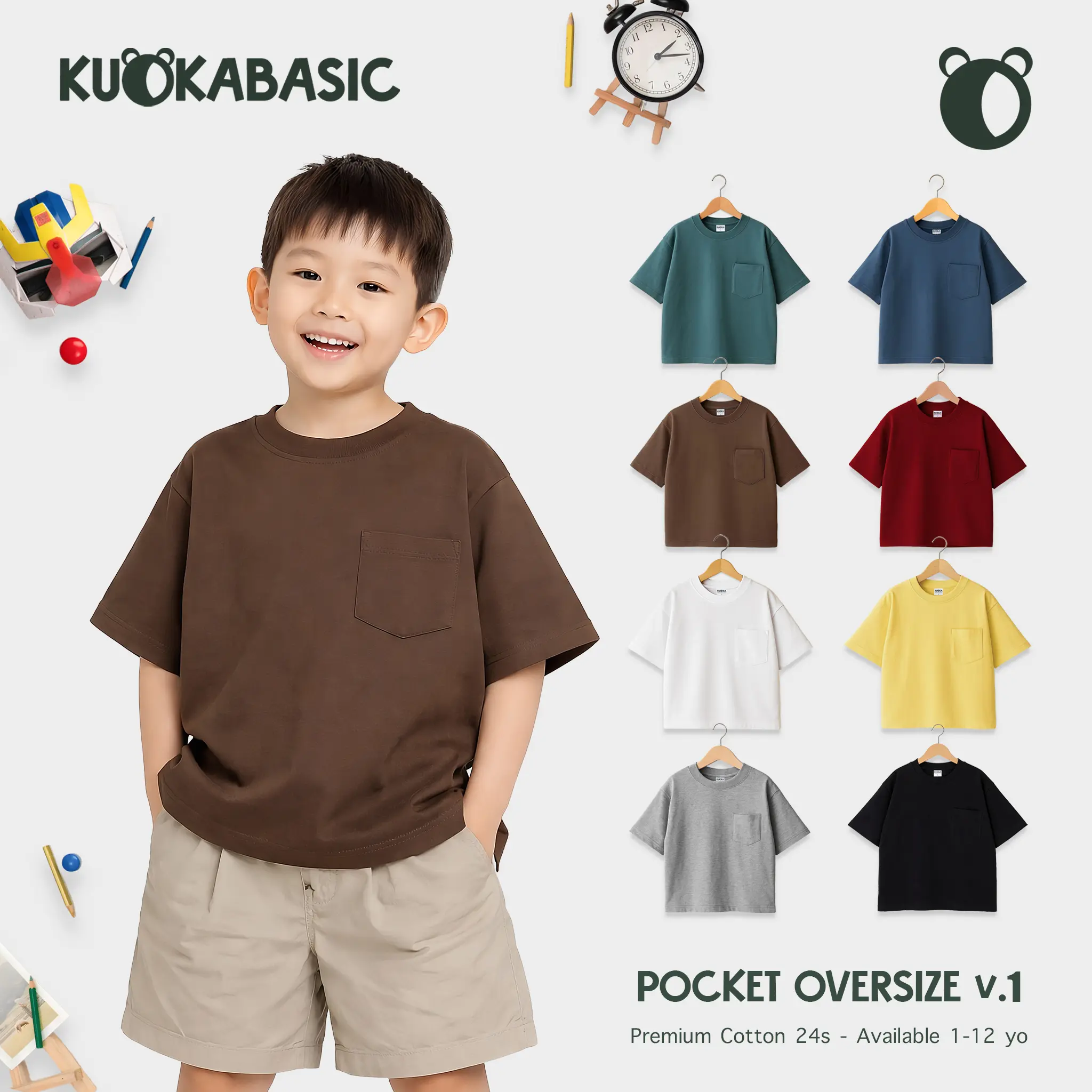 KUOKABASIC Kaos Pocket Anak Oversize Katun 24s | Kaos Polos Anak Laki Laki Perempuan Usia 1-12 Tahun