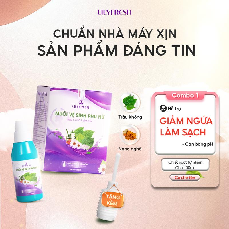 Bộ Muối Vệ Sinh Phụ Nữ LilyFresh chính hãng , Dung Dịch rửa Vệ Sinh Chiết Xuất Trầu Không & Nano Nghệ, Hỗ Trợ Giảm Mùi, Giảm Ngứa, làm sạch vùng kín, giúp thơm lâu, Cân Bằng pH - Chai 100ml  - DD2 vypham ddvslily fresh nuoc rua phukhoa