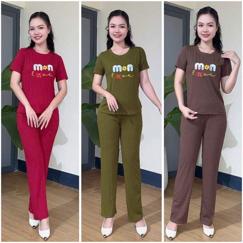 Sét Đồ Mặc Nhà Quần Ống Suông Chất Thun Gân Cao Cấp - Size 55kg và 65kg - Áo Tay Ngắn Chữ Thêu Phong Cách Quảng Châu Siêu Đẹp - M17