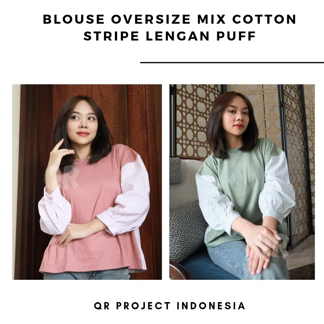 Kaos Blouse Oversize Atasan Wanita Cotton Combed 20s Mix Cotton Stripe Lengan Balon