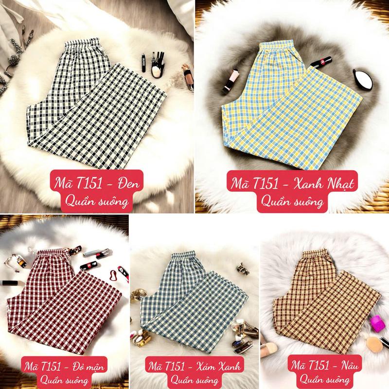 T151 Quần Suông chất vải Đũi tơ Caro nhung - Quần dài 92cm Ống 24cm Nữ Women Kem Voi Pants