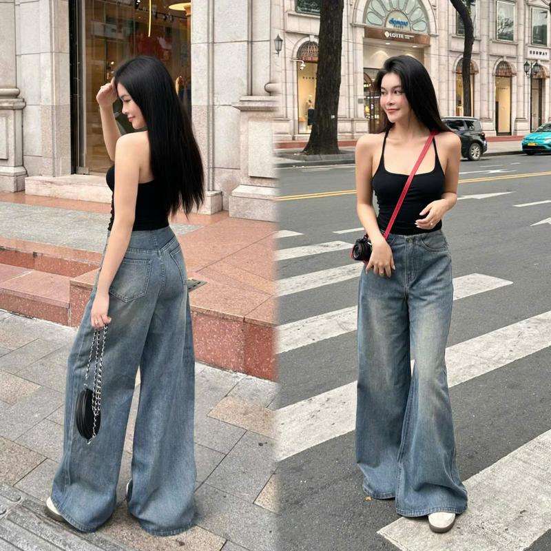  THE QUẠO - Quần Jean Nữ Lưng Cao Ống Rộng Lưng Liền Màu Xanh Đậm Bụi RS2011_728 B 