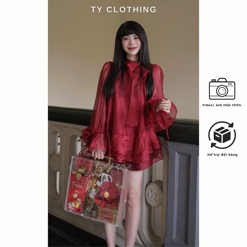 [ TYCLOTHING ] - Set Voan Tơ Dây Thắt Bánh Bèo Kèm Quần Trong Có Dây Kéo- Hàng Thiết Kế- Màu Đỏ