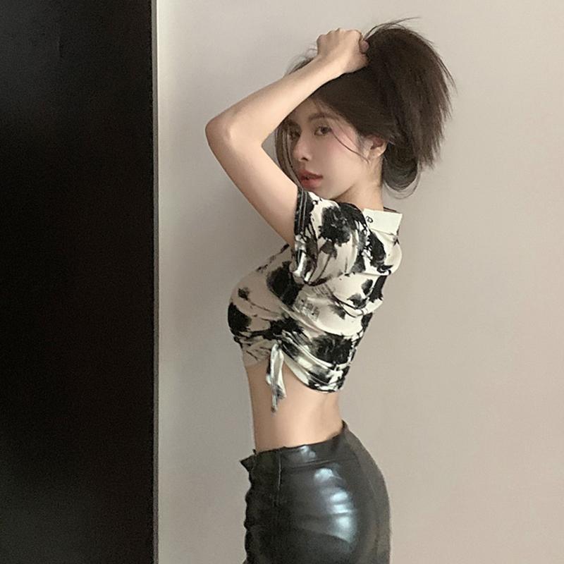 Product Introduction of Áo In Mực Retro Cho Nữ, Tay Áo Ngắn, Khóa Dây Rút, Ngực, Áo Khoét Lỗ 51