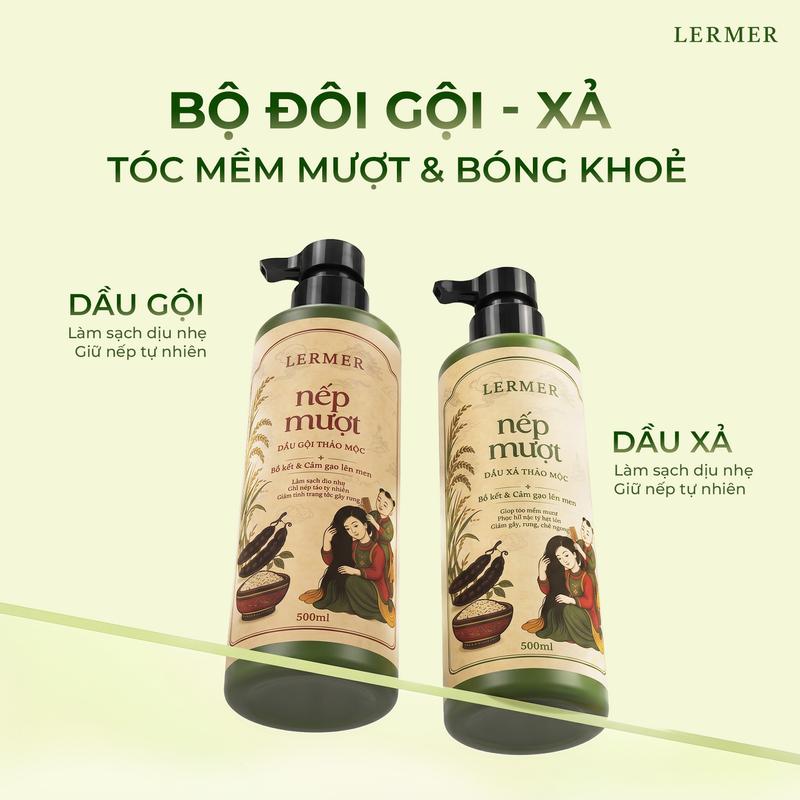 Combo Đôi Dầu Gội Xả Nếp Mượt Bồ Kết & Cám Gạo – Làm Sạch, Mềm Tóc, Giảm Rối, Dễ Chải 500ml