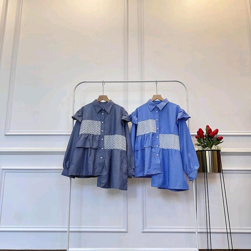 Kemeja Motif Salur kombi Brukat / Atasan Kemeja Wanita Model Terbari Trendi 2024 / Kemeja Motif Salur Size M L XL Murah Nyaman Katun 3