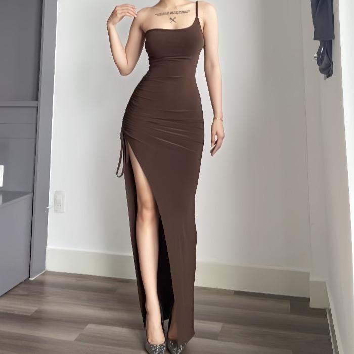 Đầm body nữ lệch vai dây rút xẻ tà nhúng eo thon gọn sang chảnh Lolystore dress women HL73