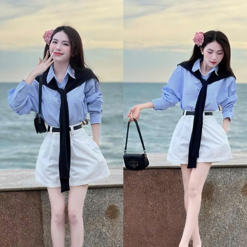 Sét bộ nữ thiết kế áo đũi sơ mi tay dài kèm khăn choàng. quần đùi mango sang chảnh dành cho các nàng diện đi chơi đi biển