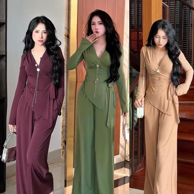 Set bộ Áo Cổ Chéo Buộc Eo phối Quần Suông dài Sang Chảnh – Dáng Ôm Tôn Body Thun loại đẹp Co Giãn Mềm Mịn”