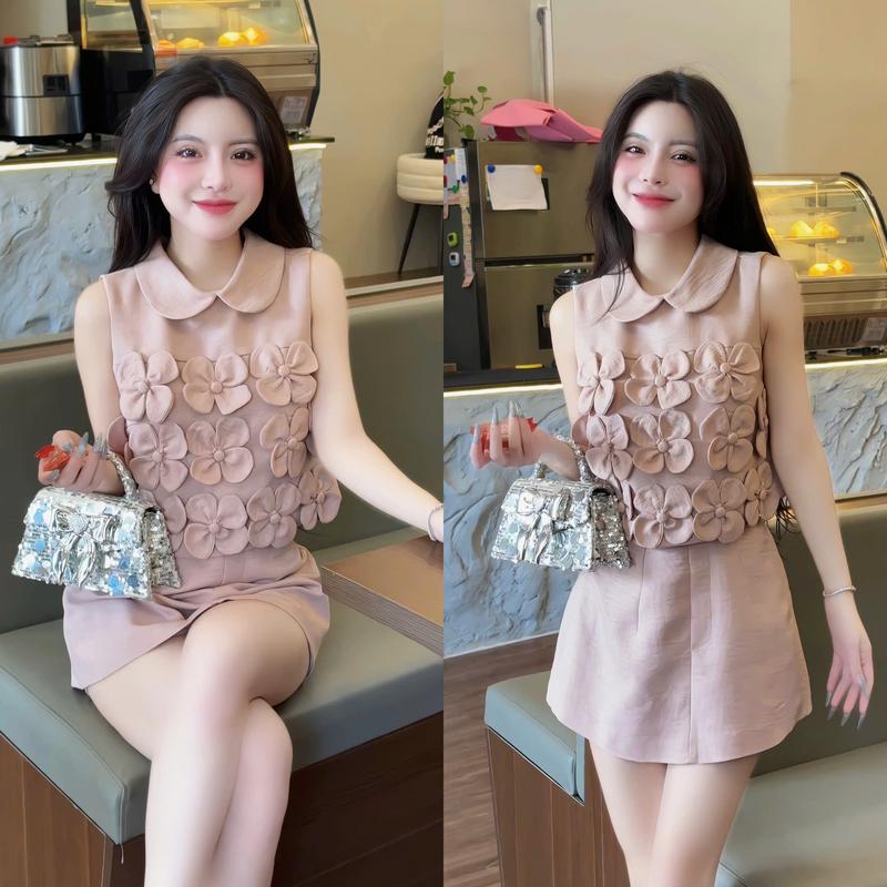 Set K11 (áo và chân váy) áo sơ mi đính hoa cúc bọc phối quần giả váy
