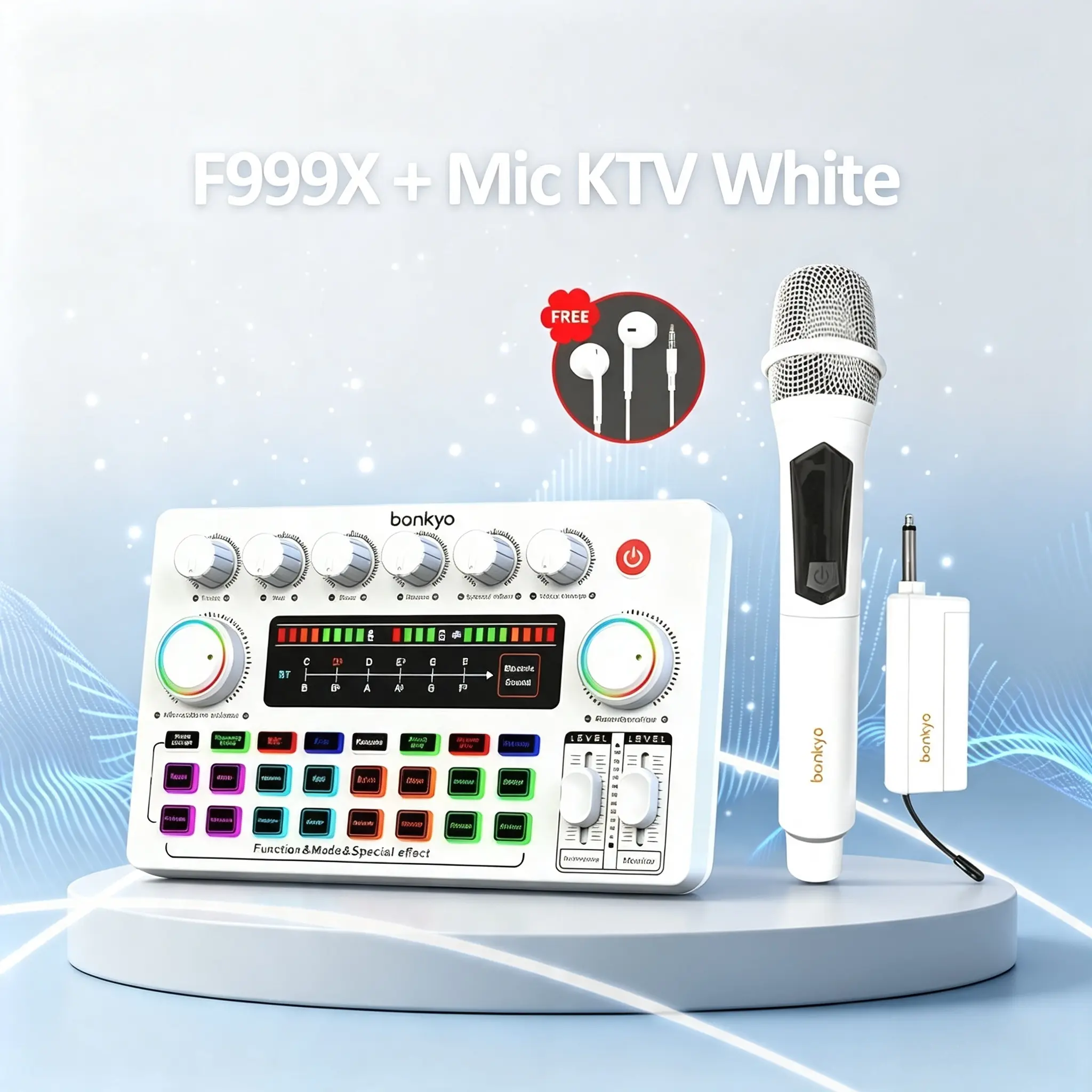 Bonkyo F999X Sound Card + Mikrofon Nirkabel Set Lengkap Kartu Suara Bluetooth Profesional dengan Chip DSP & Output Multi-Saluran Kualitas Suara Premium untuk Karaoke Live Streaming & Laptop