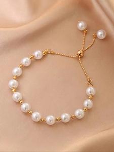 Pulsera de cadena de perlas falsas para mujer, longitud ajustable, joyería elegante para mujeres, regalo perfecto para uso diario, bodas y fiestas