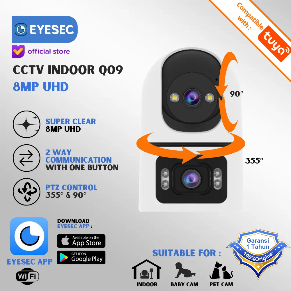 EYESEC CCTV 2 Kamera 8MP UHD Smart Indoor CCTV WiFi Dual Lens IP Camera 355° PTZ Garansi 1 Tahun