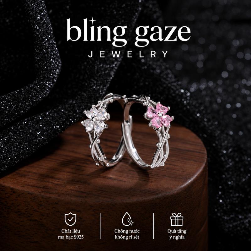 [Bling Gaze] Nhẫn Nữ Cỏ Bốn Lá May Mắn Đính Đá Zircon Hồng Trắng, Mạ Bạc S925 Thanh Lịch, Quà Tặng Bạn Gái