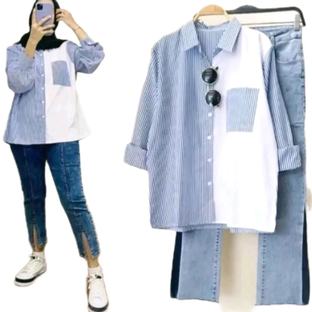 Kemeja Wanita Jumbo Katun Salur Bangkok Viona Import - Kancing Aktif Terbaru 2025 - Kantong, Casual, Panjang