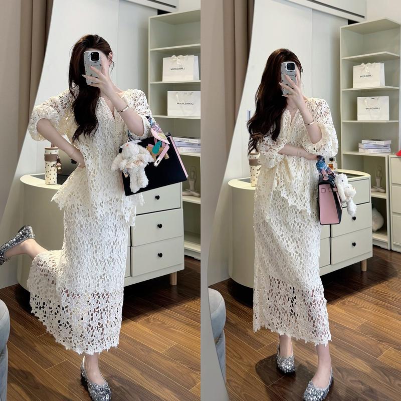 Set Váy Ren Hoa Chân Váy Dài Xẻ Sau Thiết Kế Dài Tay Viền Sang Trọng Thanh Lịch