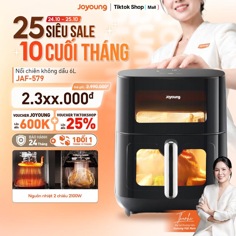 Nồi chiên không dầu Joyoung JAF-579, Dung tích lớn 6.0L, Nguồn nhiệt 2 chiều 2100W, Cửa sổ kép trong suốt, 12 chế độ nấu