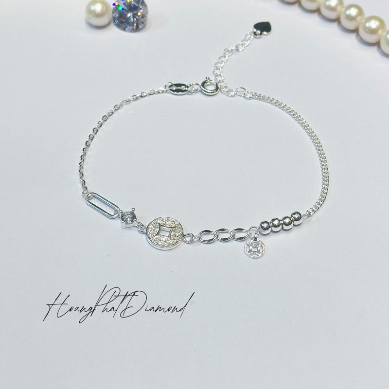 [ Hoàng Phát ] Phụ Kiện Lắc Tay Bạc Ý 925 Chữ Cong Phối Mắc Xích Mặt Kim Tiền Tòn Ten Phối Bi (LT206) KHÔNG XI KIM