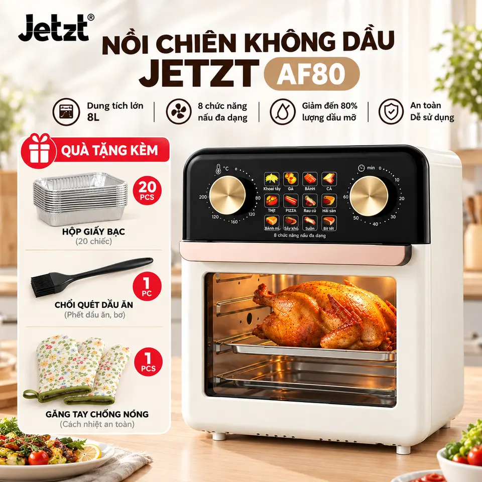 Nồi chiên không dầu JETZT AF80 8L 1250W – Cửa kính quan sát, 2 núm xoay cơ, tự động tạm dừng, khí nóng đối lưu, khay chống dính tháo rời, bảo hành 12 tháng