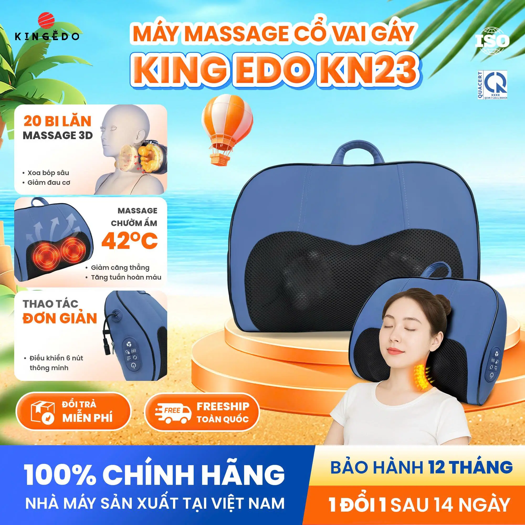 Gối Massage Cổ Vai Gáy KingEdo KN23 Pro - Máy Mát Xa Toàn Thân Nhiệt Hồng Ngoại - Chuyên Sâu Cho Cổ, Vai, Gáy, Lưng, Đùi, Chân Quà Tặng Cho Bạn Bè, Người Thân