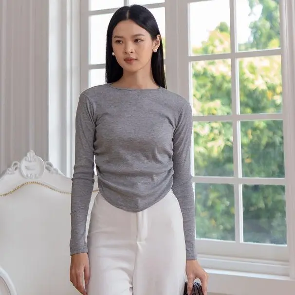 AIJO | (READY)  Amoura Rib Longsleeve - Atasan Lengan Panjang Rib Serut Wanita oneck top Nyaman Polos Lembut Basic Baju 5