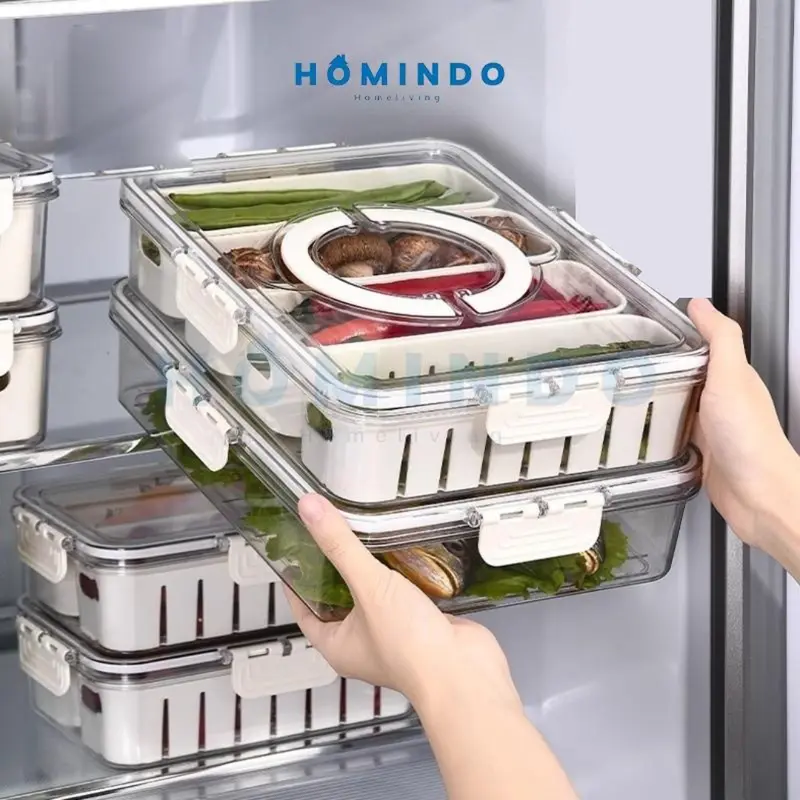 (BISA COD) HOMINDO Kotak Penyimpanan Kulkas Food Container Serbaguna dengan Saringan  Plastik Buah Cuci Sayuran Putih Wadah 0