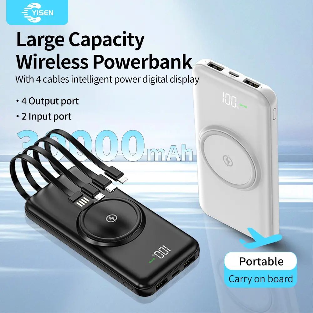 Yisen 30000mAh Wireless Charger Power bank For Phone LED Display With 4 Cables Portable Fashion Powerbank Battery Charging Digital Fast Charging