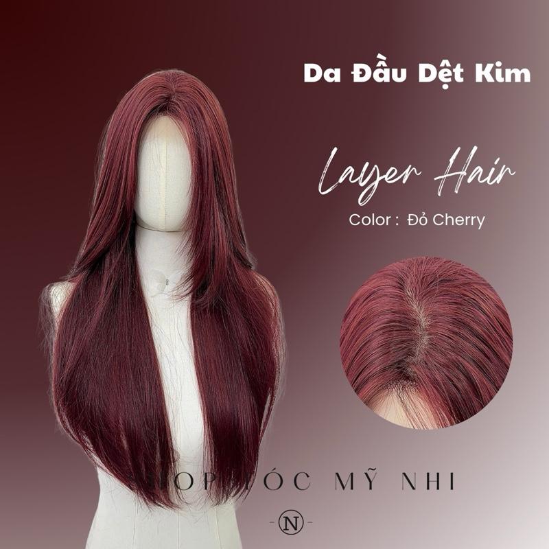 Tóc Giả Mỹ Nhi Tóc Thẳng Layer Hai Mái Màu Đỏ Cherry t-dk1-0310 Da Đầu Dệt Kim