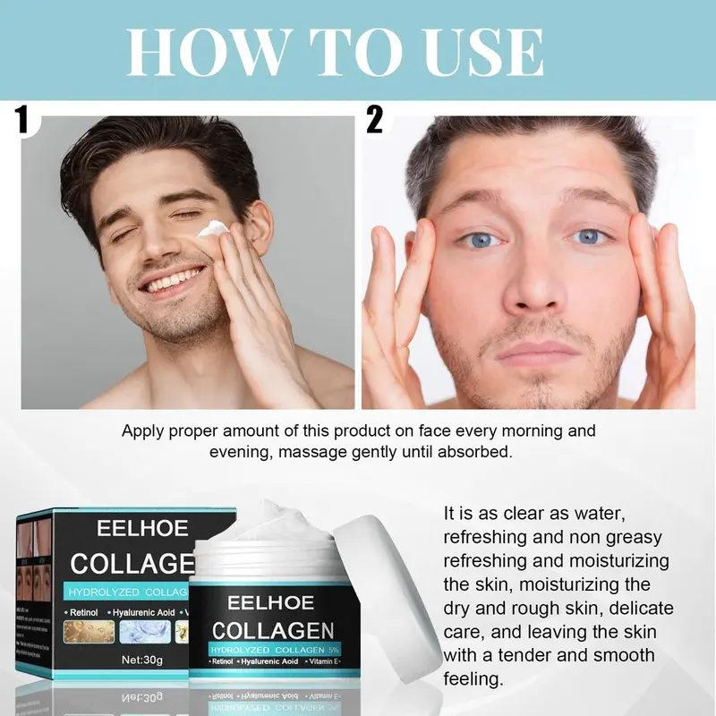 Krim Pria Pemutih Wajah Pelembut Penipis Anti Kerut Penuaan Penghilang Keriput Krim Perawatan Kulit - EELHOE Men's Collagen Cream 30g 6