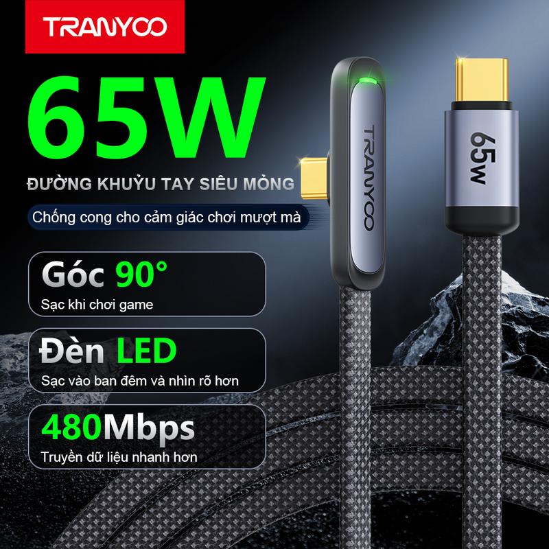 Cáp Sạc Nhanh Tranyoo CC-3 65W Góc 90 Độ Type-c/Lightning Dài 1M, Có Đèn LED,…