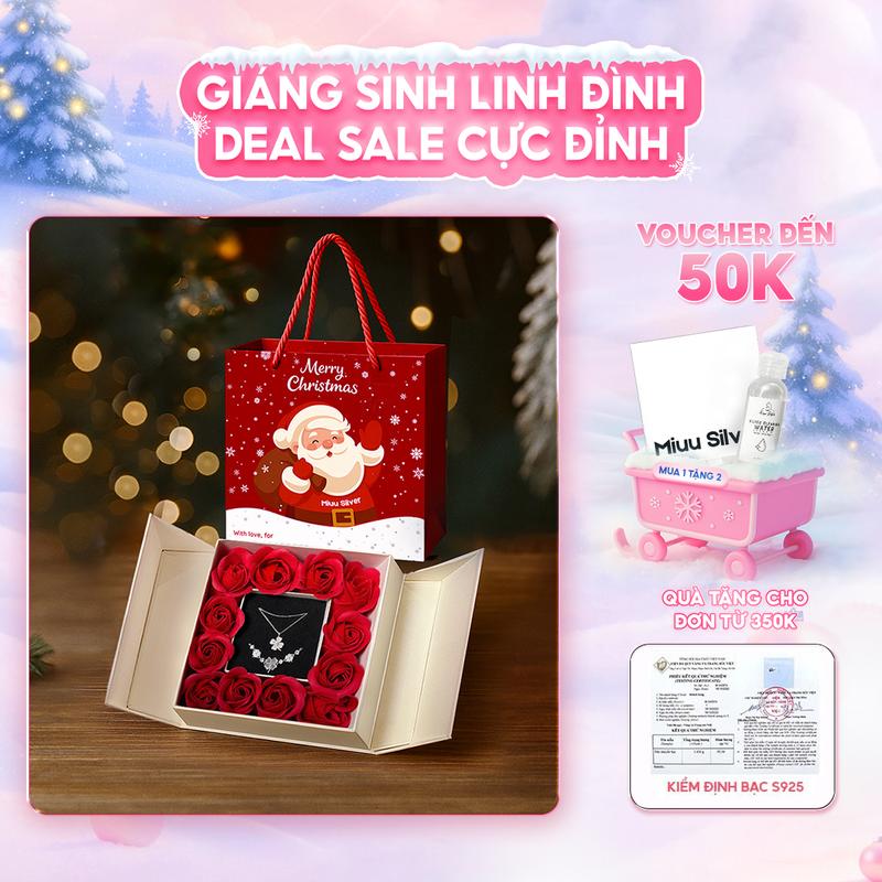 QUÀ TẶNG GIÁNG SINH Quà tặng người yêu hộp hoa hồng kèm trang sức bạc 925 dây chuyền lắc tay Miuu Silver