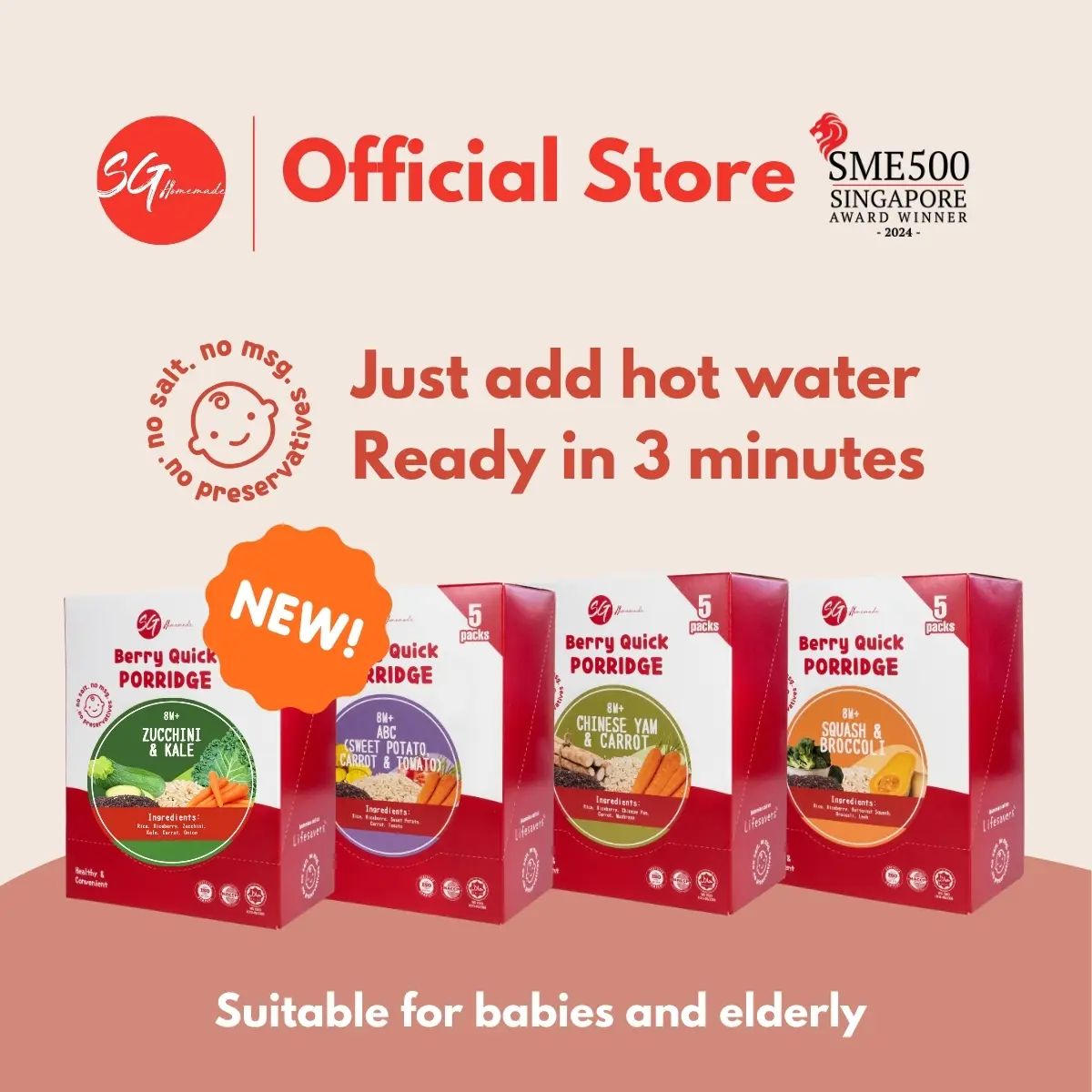 SG Homemade Berry Quick Porridge Suitable for Infant/Adult/Elderly (ABC/Chinese Yam & Carrot/Squash & Broccoli/Zucchini & Kale)