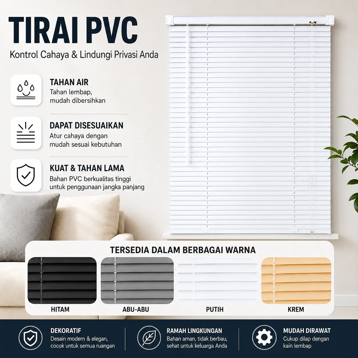 【Ready COD】Tirai PVC Venetian Blinds DELUXE Slat / Slimline STAR-IX - Krey krei aluminium 60x180 cm - Curtain