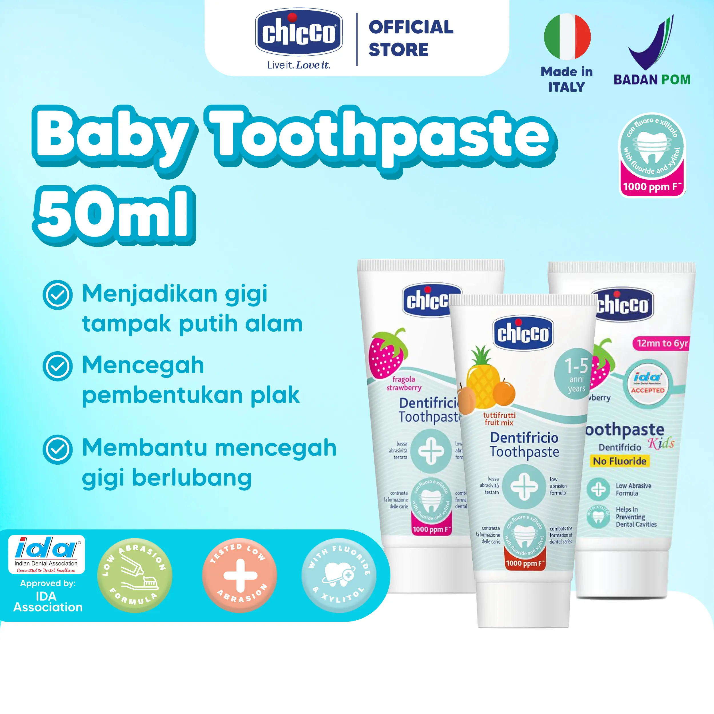 CHICCO Toothpaste 50ml for 12m+ pasta gigi anak 1 tahun toothpaste anak travel size / pasta gigi bayi / odol bayi aman / aman utntuk bayi