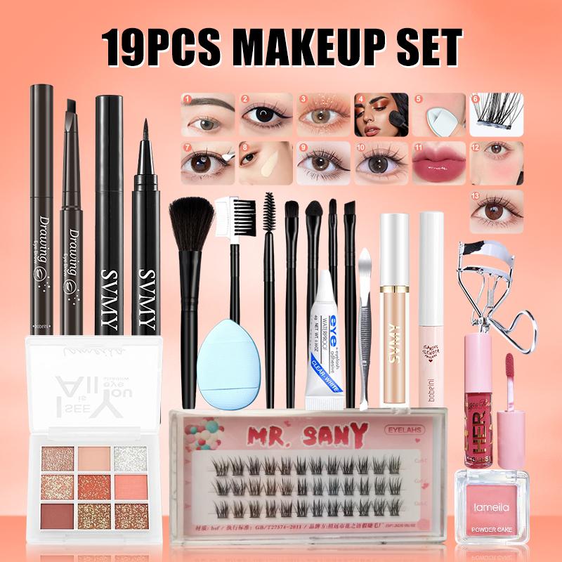 Bộ Mỹ Phẩm Trang Điểm Hoàn Chỉnh, 19 Chiếc, 1 Bộ, Bảng Phấn Mắt 9 Màu, Bút Bắt Sáng Trang Điểm, Bút Kẻ Mắt Không Thấm Nước, Phấn Má Hồng Dạng Phấn, Chì Kẻ Lông Mày Không Thấm Nước, Bộ Cọ Trang Điểm 7PC, Dụng Cụ, Mascara Màu Đen, Hoàn Chỉnh