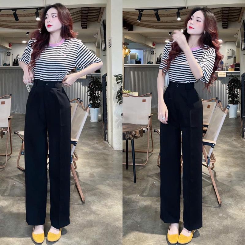 Quần ống rộng nữ cạp cao đi học làm chơi du lịch biển dáng dài quần tây ống rộng nữ lưng cao 1 khuy vải đen dày đáy cao Women Pants Ong Kem Voan