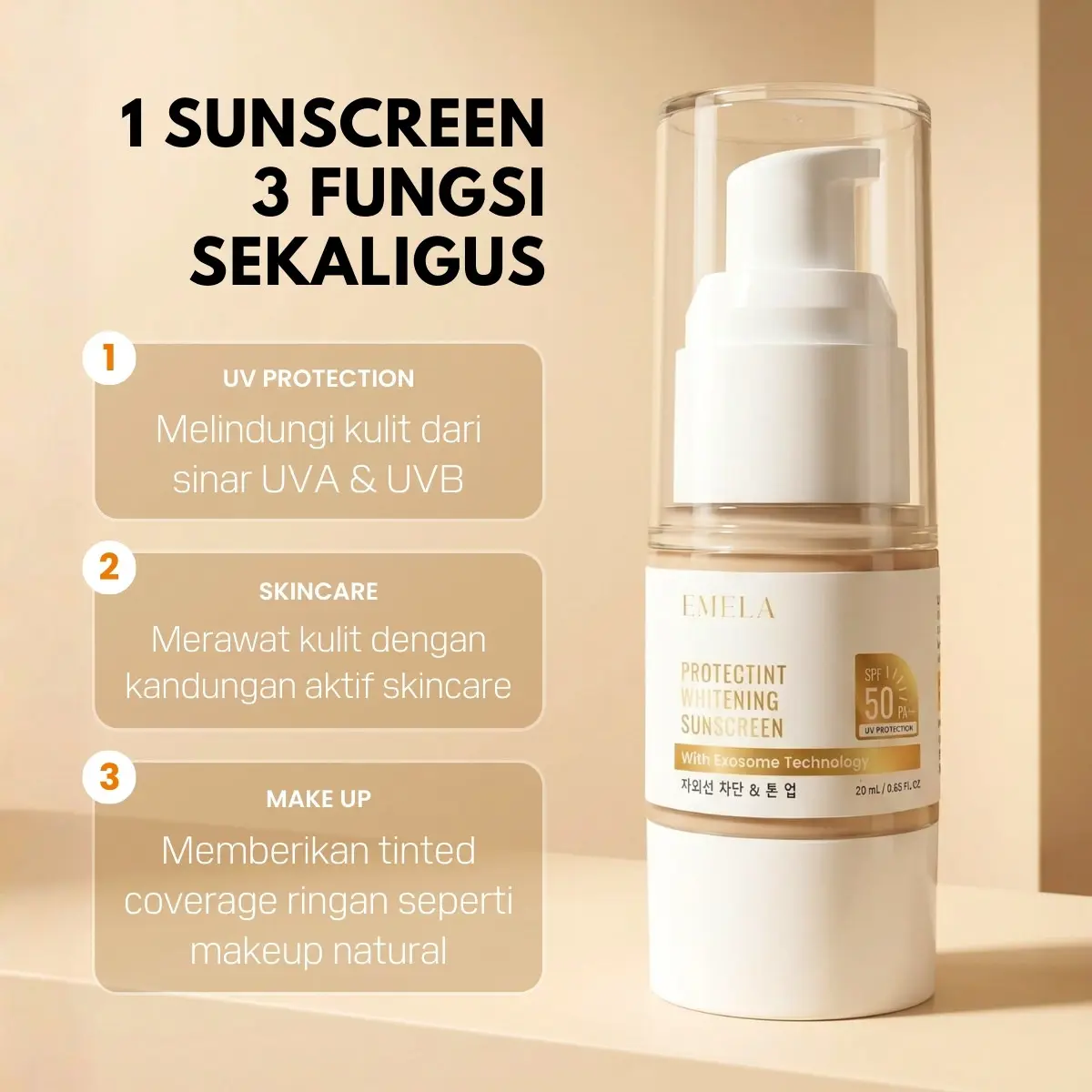 EMELA Protectint Whitening Tinted Sunscreen SPF 50 PA++++ BPOM HALAL 3in1 Hybrid Sunscreen UV Protection, Skincare, Makeup Atasi Kusam Flek Hitam Warna Kulit Tidak Merata