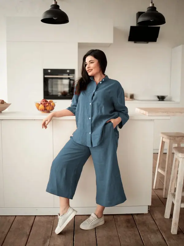 MADHARSHOP Sarra Oneset 2In 1 Polo Linen Setelan Celana Wanita 7/8 Dewasa Polos Kekinian Allsize 0