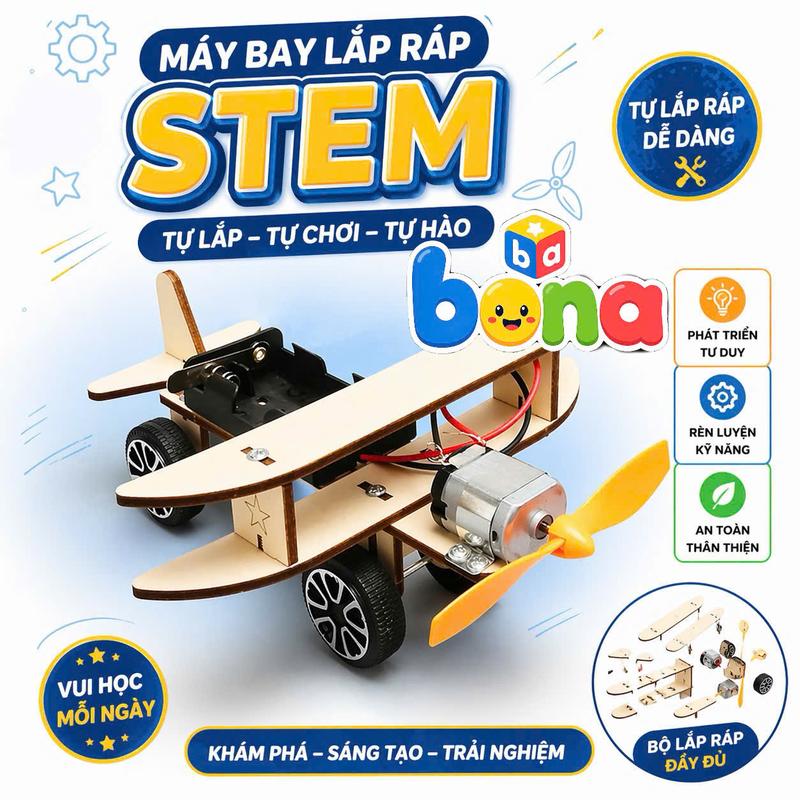 Mô Hình Máy Bay Hai Cánh Đồ Chơi Stem Lắp Ráp Bằng Gỗ Chạy Pin Thông Minh Cho Bé
