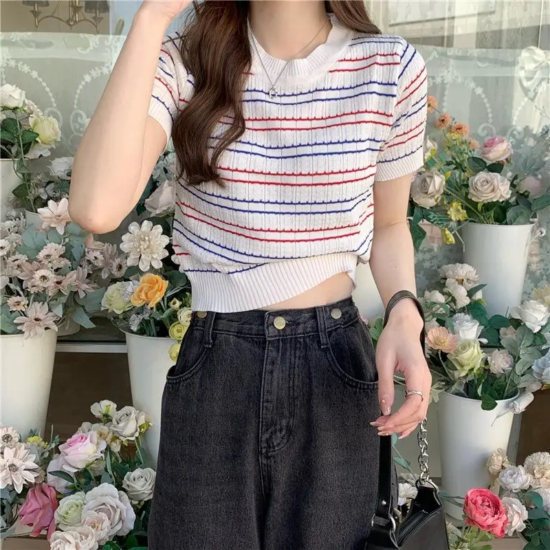 Yoona BJ478 Baju Motif Atasan Wanita Crop Top Rajut Korean Style Premium Lengan Pendek Stripe Knitwear Panjang Cardigan Hitam Sweater 4