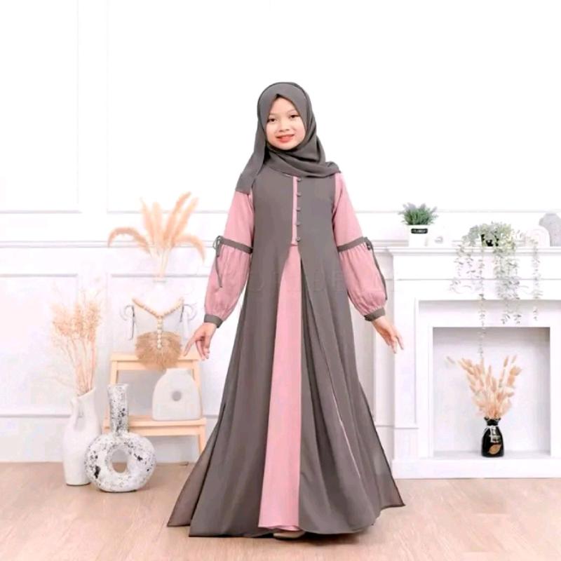 sr gamis Syari + hijab pashmina usia (8-15)tahun Cocok buat Lebaran bahan crinkle Airflow mix ceruty Muslim Dress 2