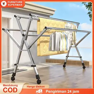 Jemuran Baju Lipat 5 Tiang Dengan Roda Jemuran Baju Lipat Stainless Steel Jemuran Pakaian Super Kuat,Kokoh Dan Anti Kara