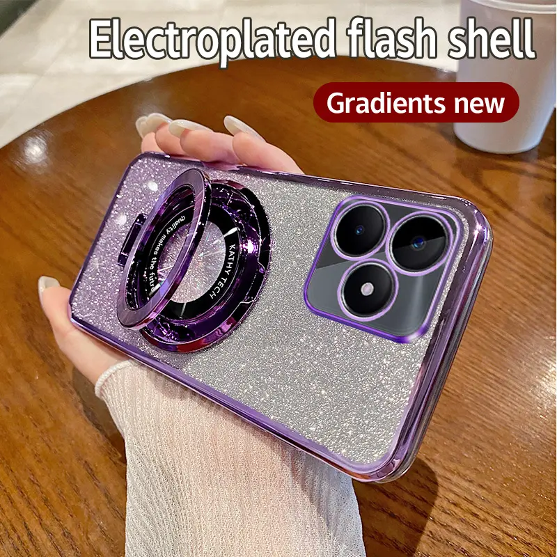 Casing for Realme C75 C63 C61 C51 C53 C55 C33 C35 C65 C67 GT 6 6T NOTE 60X 60 50 Realme 13+ 13 Pro+ Realme13 5G Soft Case Glitter Paper Suction Bracket Ring Holder Lens Protect Cover