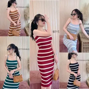 DRESS bodycon tanpa lengan Rajut salur Wanita