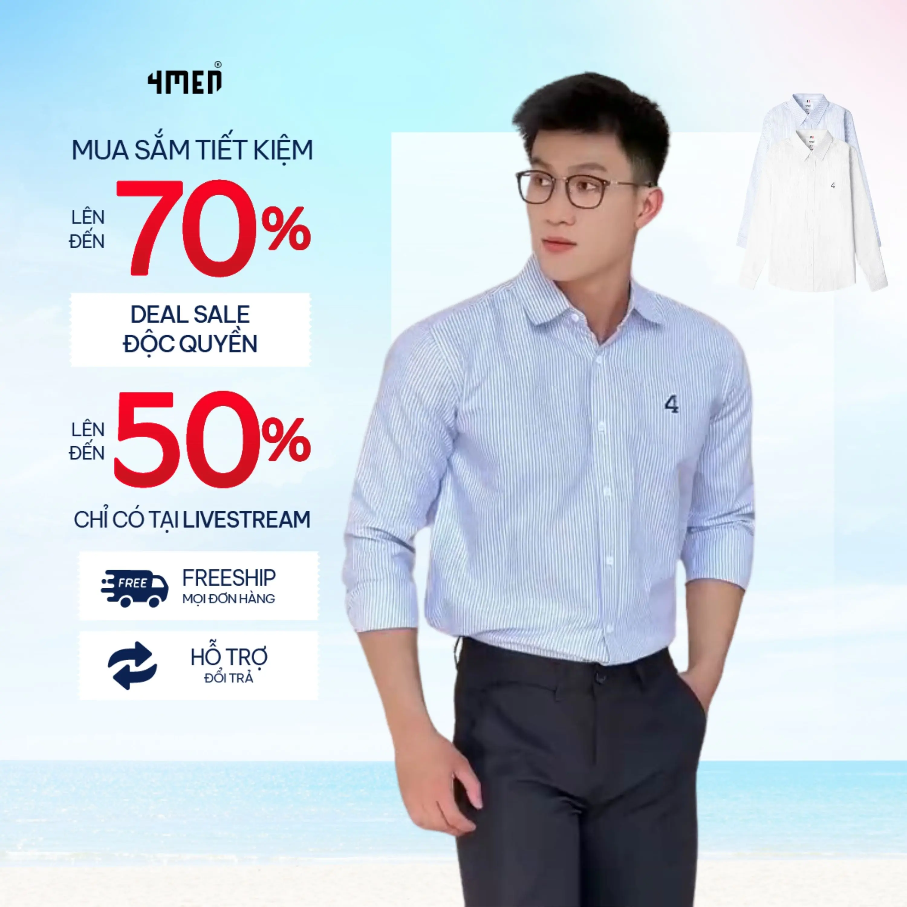 Áo sơ mi nam kẻ sọc 4MEN SM141 chất liệu oxford dày dặn, thêu ngực và phối sọc 3 màu ở đô tinh tế Menswear Cổ Tròn Có Cổ