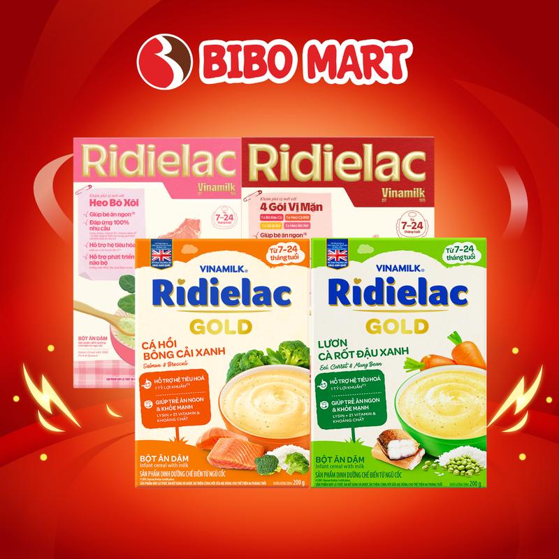 Bột Ăn Dặm Vinamilk Ridielac Cá Hồi Bông Cải Xanh/ 4 Vị Mặn/ Heo Bó Xôi/ Lươn Cà Rốt Cho bé 200g - Bibo Mart