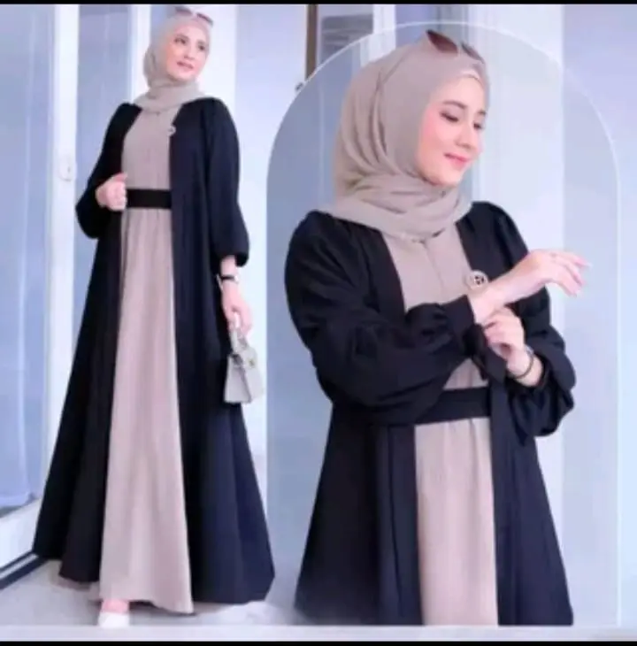 gamis set 2 in 1 Inner Cardigan plus hijab pashmina terbaru Crinkle Airflow mewah kekinian 1